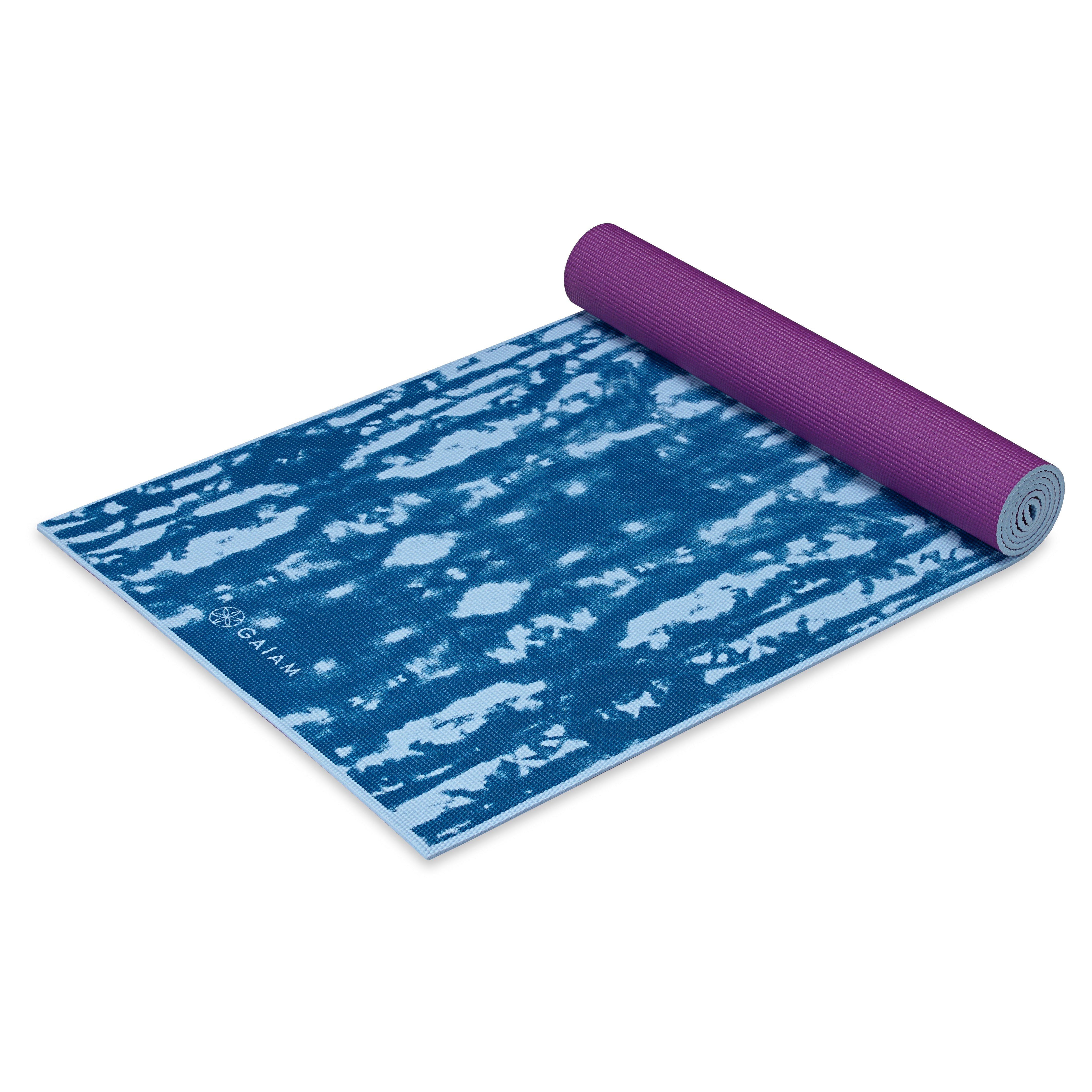 Reversible Purple Lotus Yoga Mat (6mm) blue side angle top rolled